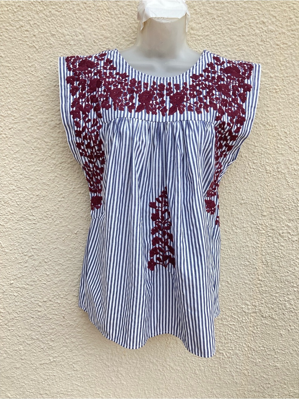 Spirit Dress Striped Embroidered Peasant Tunic Top Maroon details S